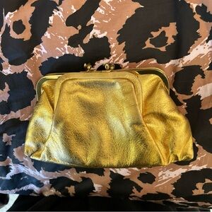 Koret Gold Leather Dual Kisslock Metallic Clutch Evening Bag Vintage 50s